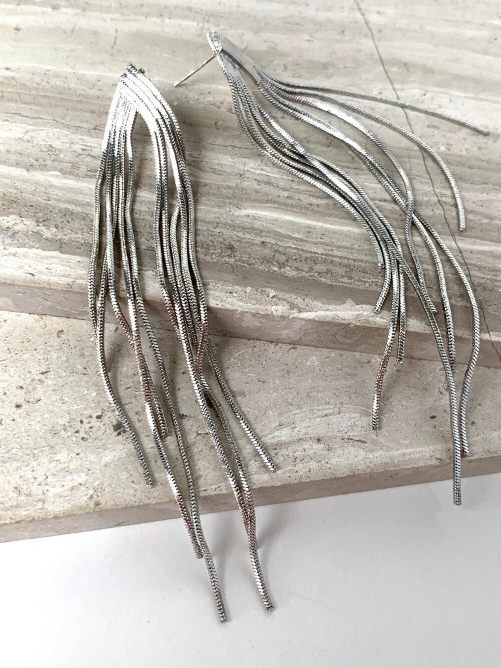 NEW Anthropologie Long Silver Fringed post Earrings